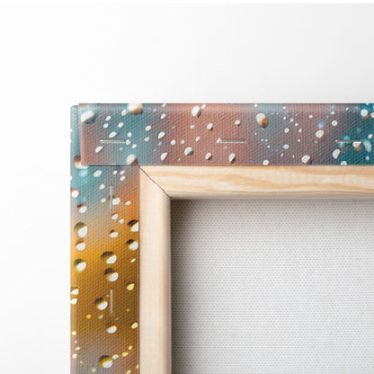 A speckled canvas wall art with teal brown and gold gradient tones in a light wood frame for modern living room decor