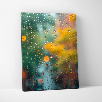 Teal orange rain drops canvas wall art featuring raindrop pattern with blurred teal and amber bokeh lights