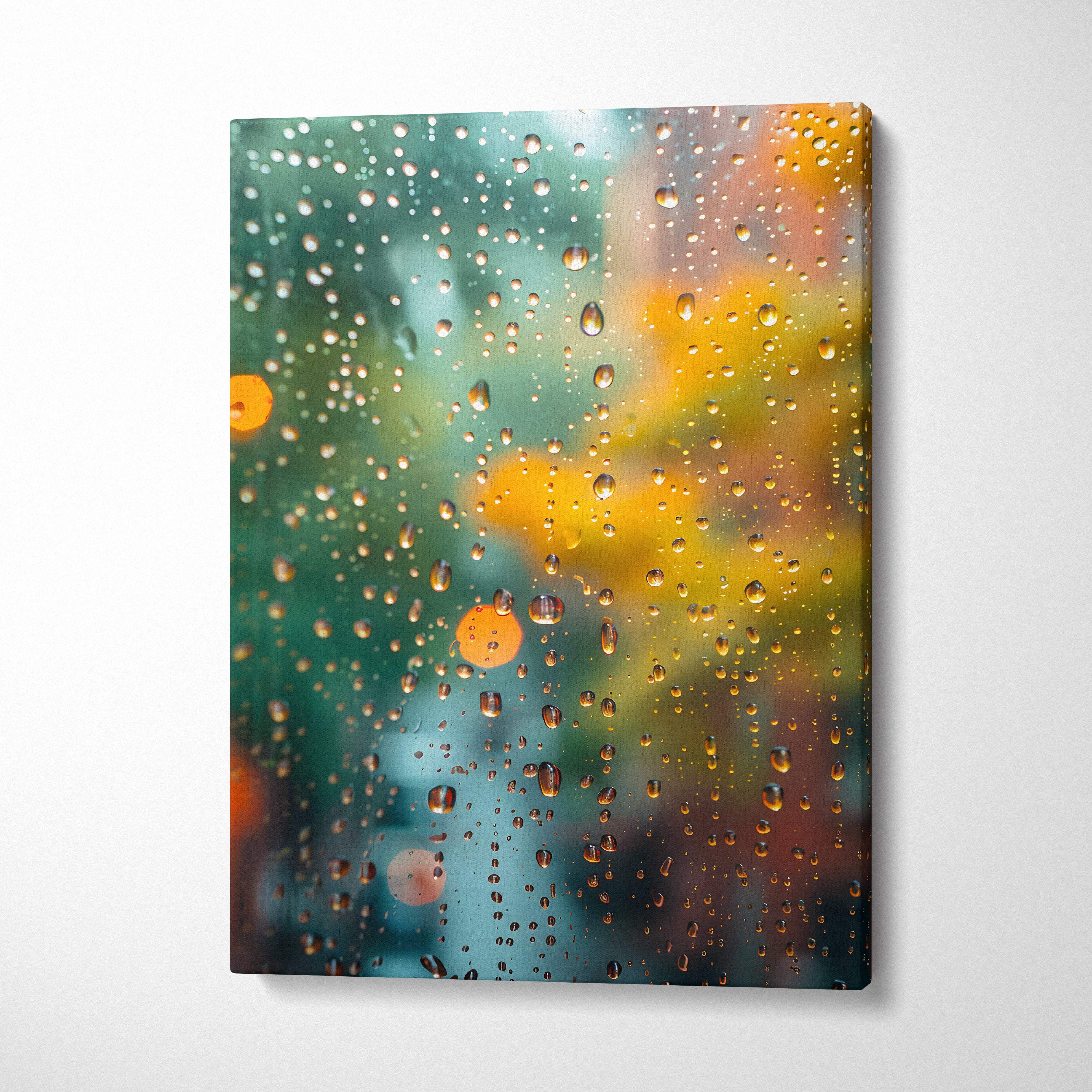 A rectangular canvas print with vibrant teal and yellow blurred background and raindrops on glass perfect for modern decor