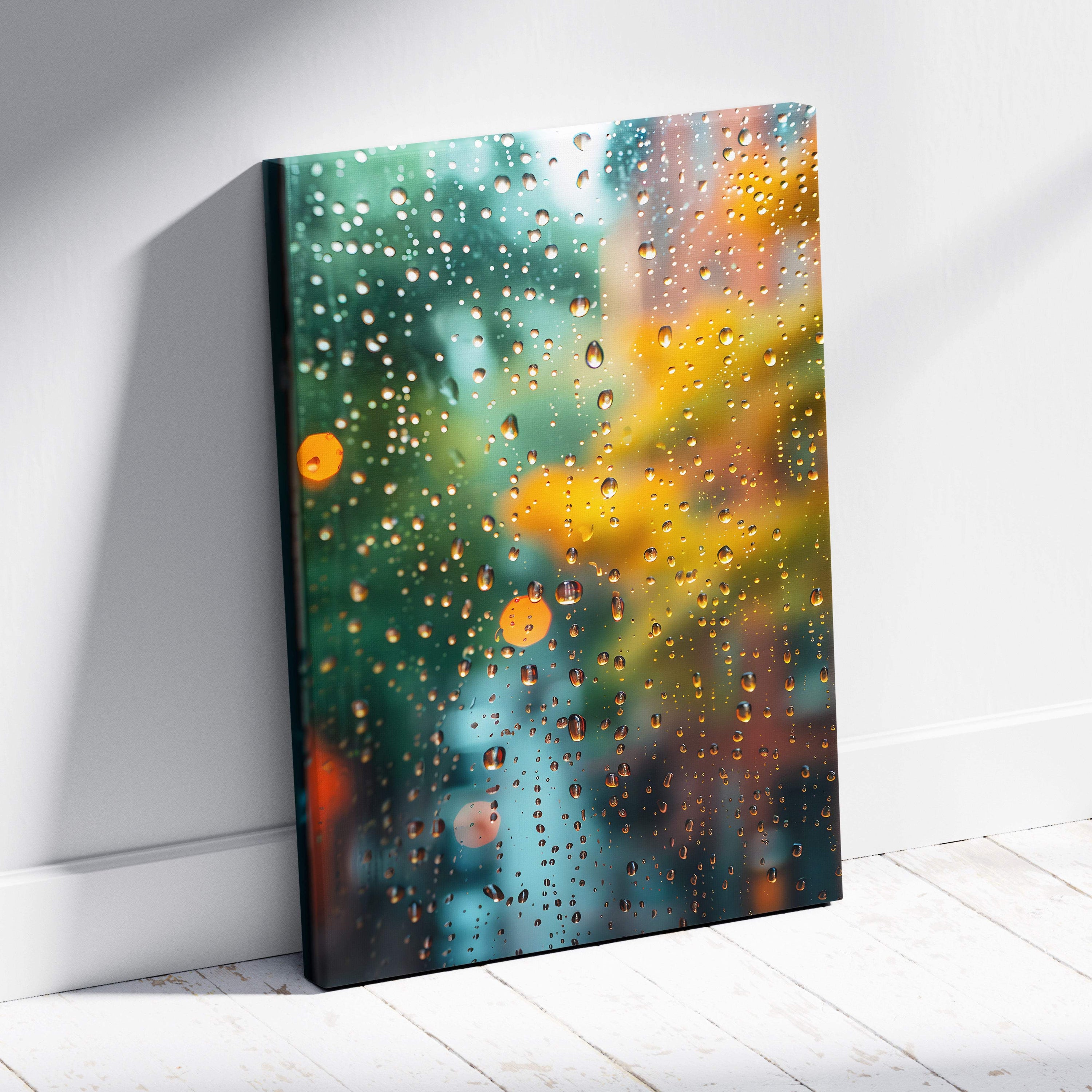Vibrant teal orange canvas wall art showing raindrops on window with colorful blurred bokeh for modern decor
