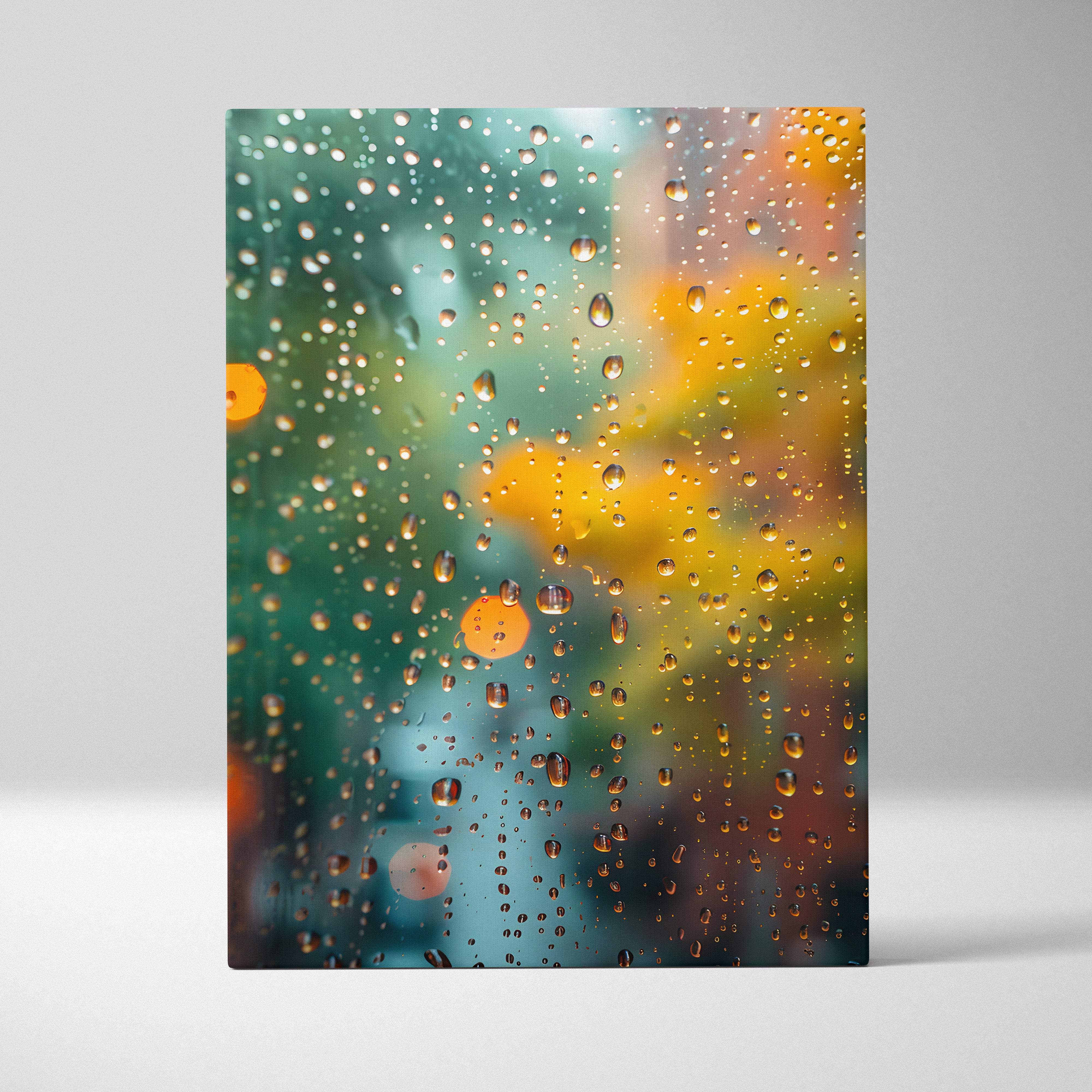 Teal orange rain drops canvas wall art with raindrop pattern and blurred teal and yellow bokeh lights for modern decor