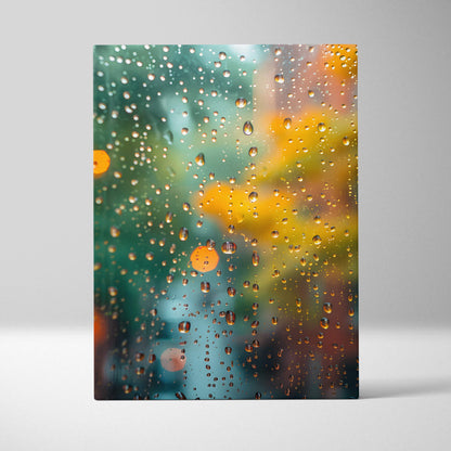 Teal orange rain drops canvas wall art with raindrop pattern and blurred teal and yellow bokeh lights for modern decor