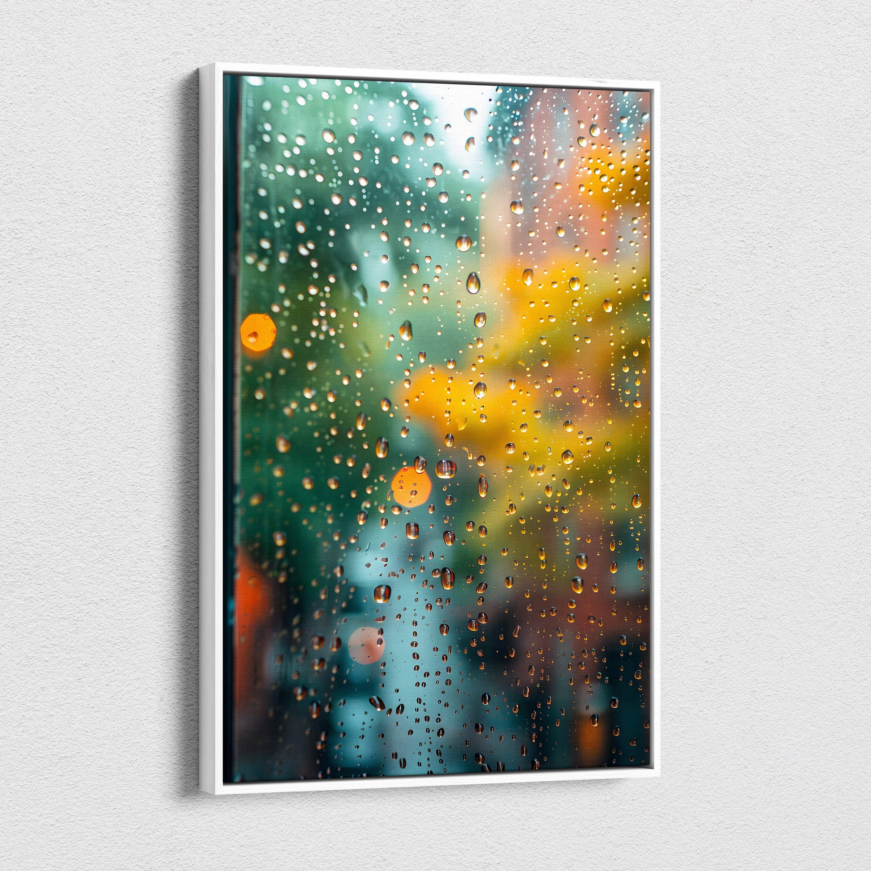 A framed teal orange rain drops canvas art print of a rainy window with blurred city lights in a white frame