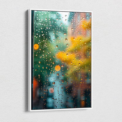 A framed teal orange rain drops canvas art print of a rainy window with blurred city lights in a white frame