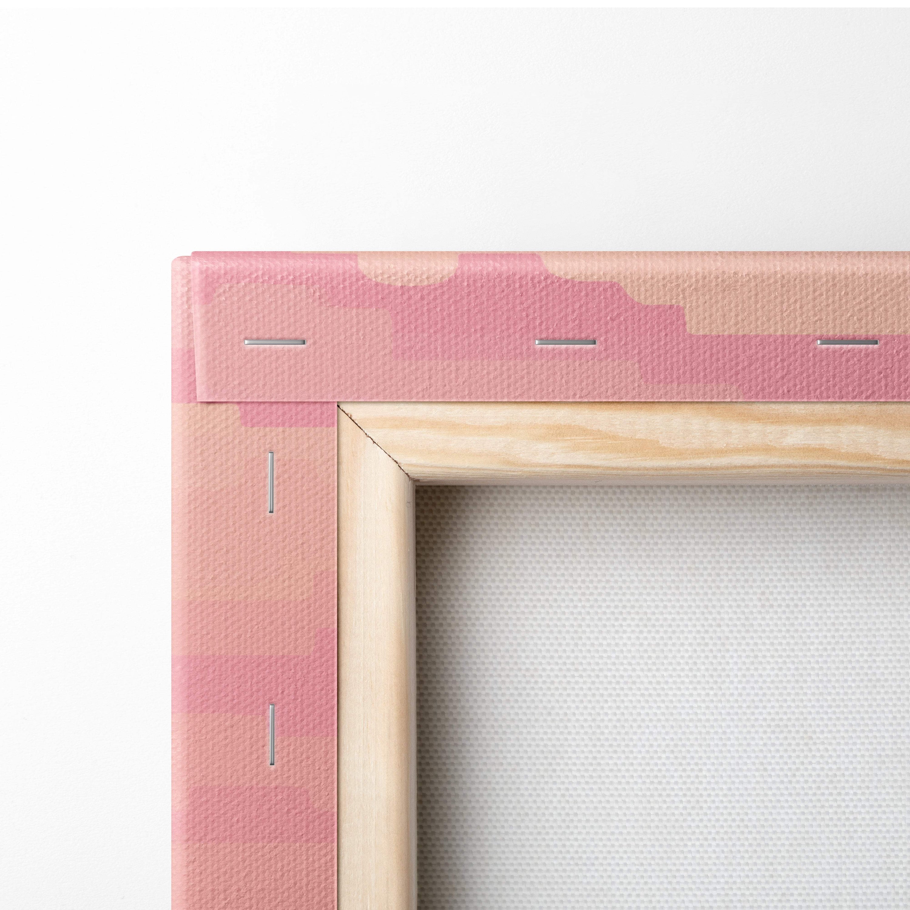 Pink canvas frame with light wood border and visible stitching for pastel ocean sunset pixel art wall decor