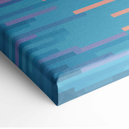 A modern abstract canvas print with bold teal purple and orange stripes pastel ocean sunset pixel art wall decor