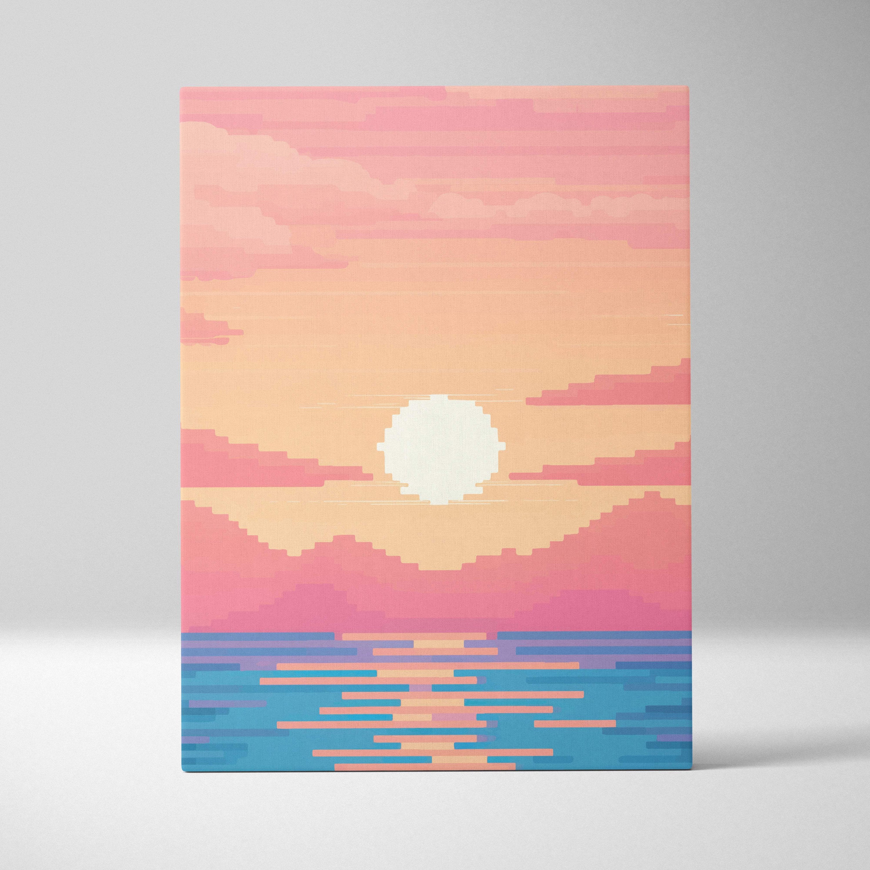 Pastel ocean sunset pixel art canvas print with white sun over pink orange skies and blue water reflection