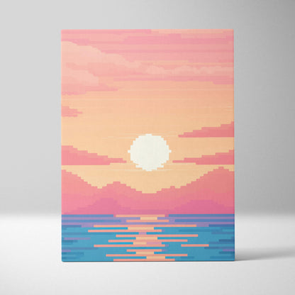 Pastel ocean sunset pixel art canvas print with white sun over pink orange skies and blue water reflection