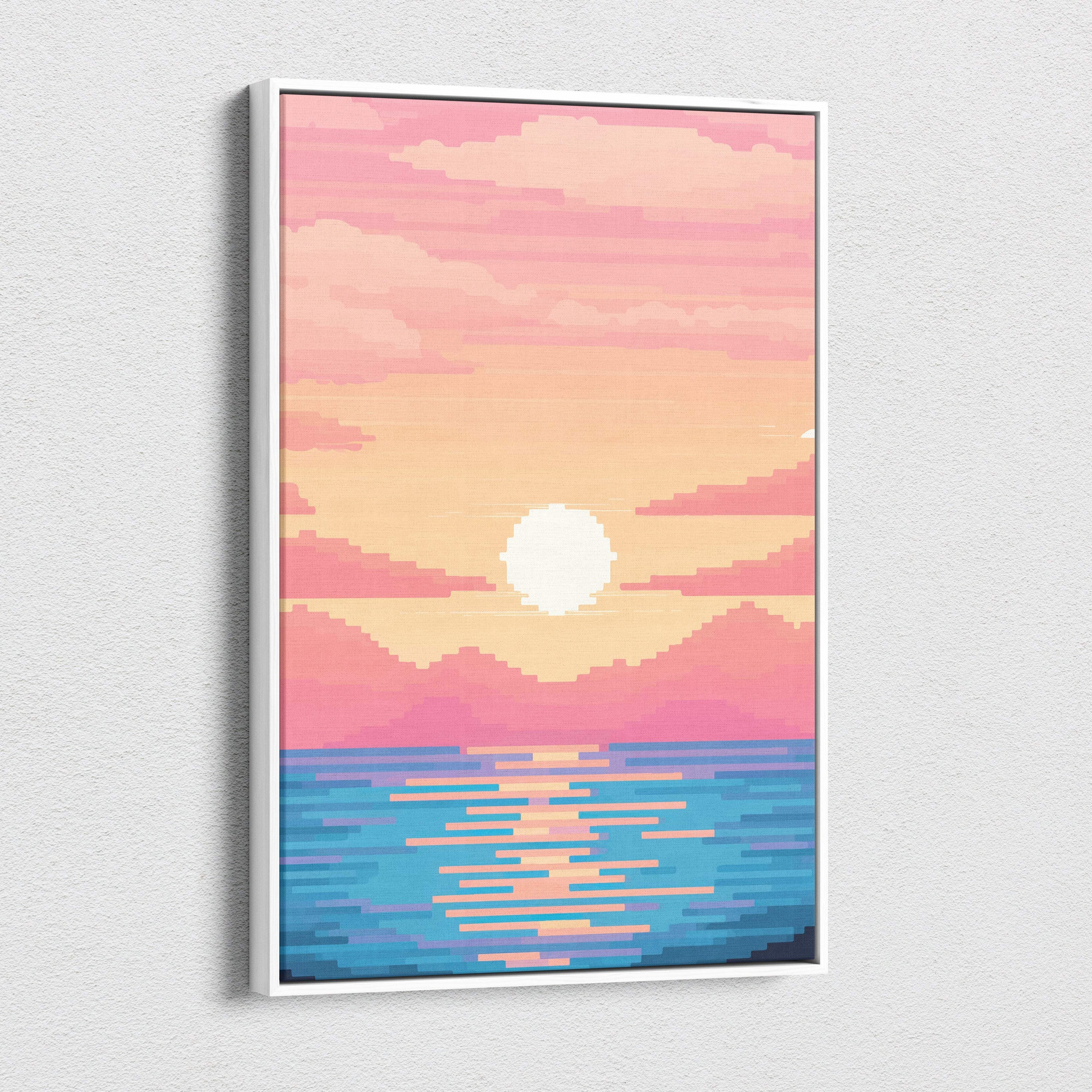 A framed pastel ocean sunset pixel art canvas print with pink and blue seascape and distant mountains for calm coastal decor