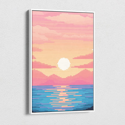 A framed pastel ocean sunset pixel art canvas print with pink and blue seascape and distant mountains for calm coastal decor