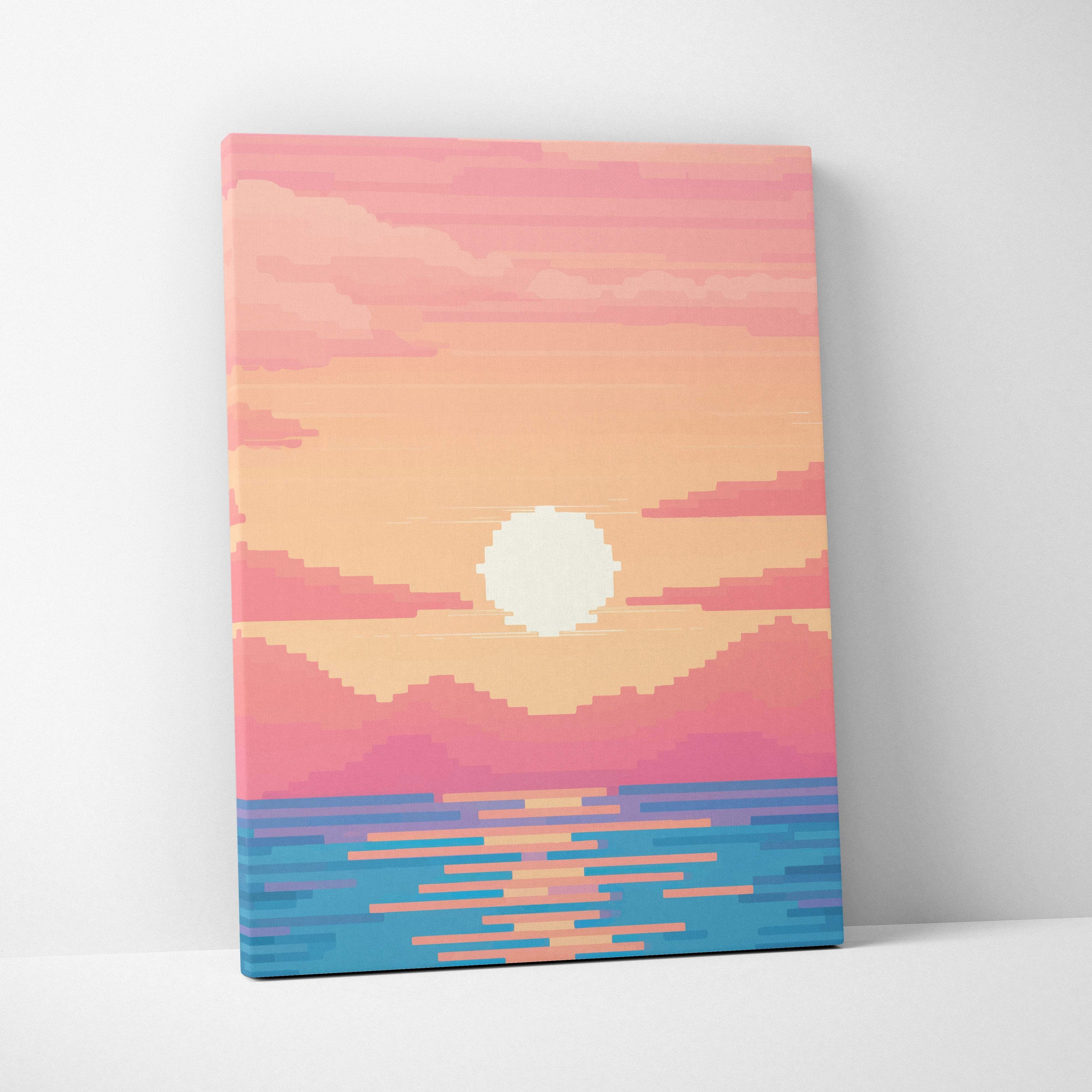 Pastel ocean sunset pixel art canvas print with white sun pink orange skies purple mountains and blue reflective water
