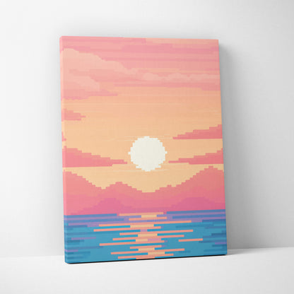 Pastel ocean sunset pixel art canvas print with white sun pink orange skies purple mountains and blue reflective water