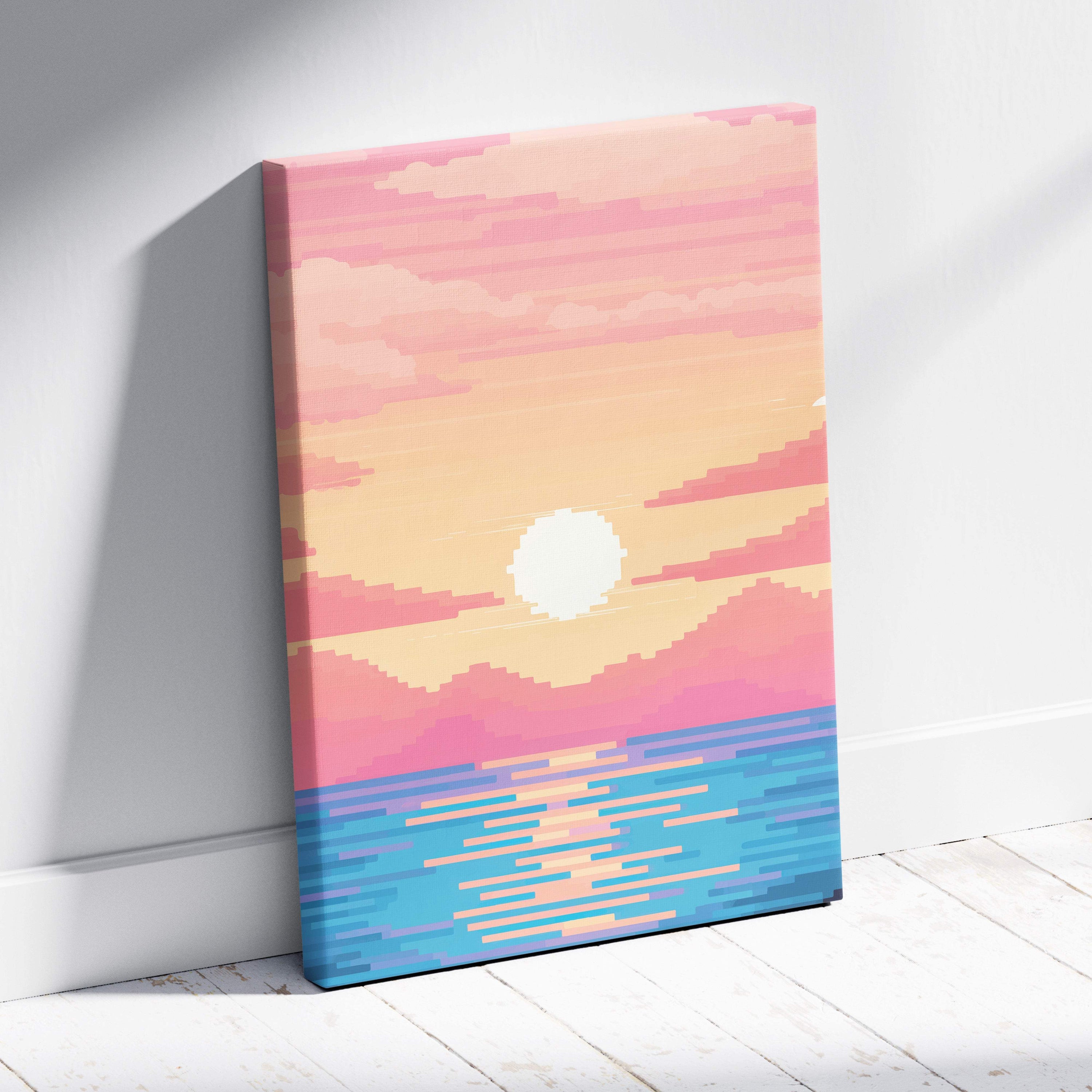 Pastel ocean sunset pixel art canvas print with white sun pink orange skies and blue ocean waves in retro game style
