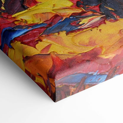 Vibrant autumn forest abstract canvas wall art with thick textured brushstrokes in red yellow blue and orange