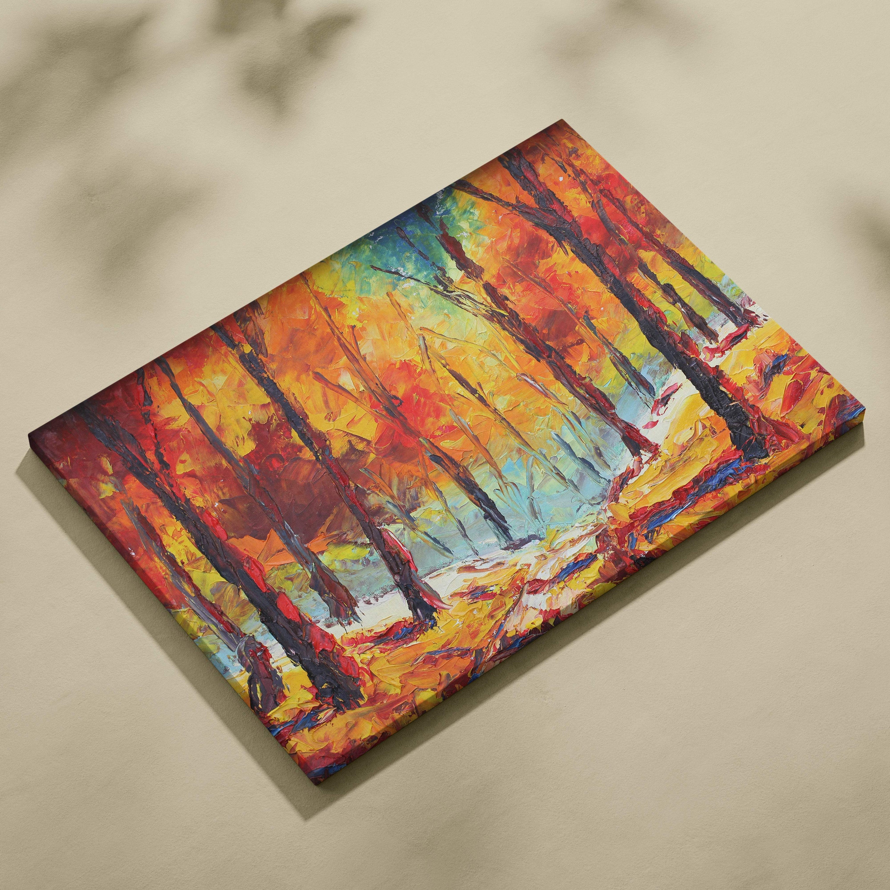 Vibrant autumn forest painting style wall art with bold textured trees in fiery reds and golden foliage on canvas print
