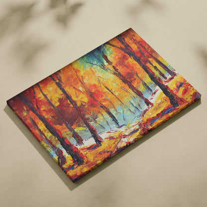 Vibrant autumn forest painting style wall art with bold textured trees in fiery reds and golden foliage on canvas print