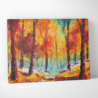 Vibrant autumn forest canvas painting with bold textured trees in fiery red orange and golden foliage on dark trunks