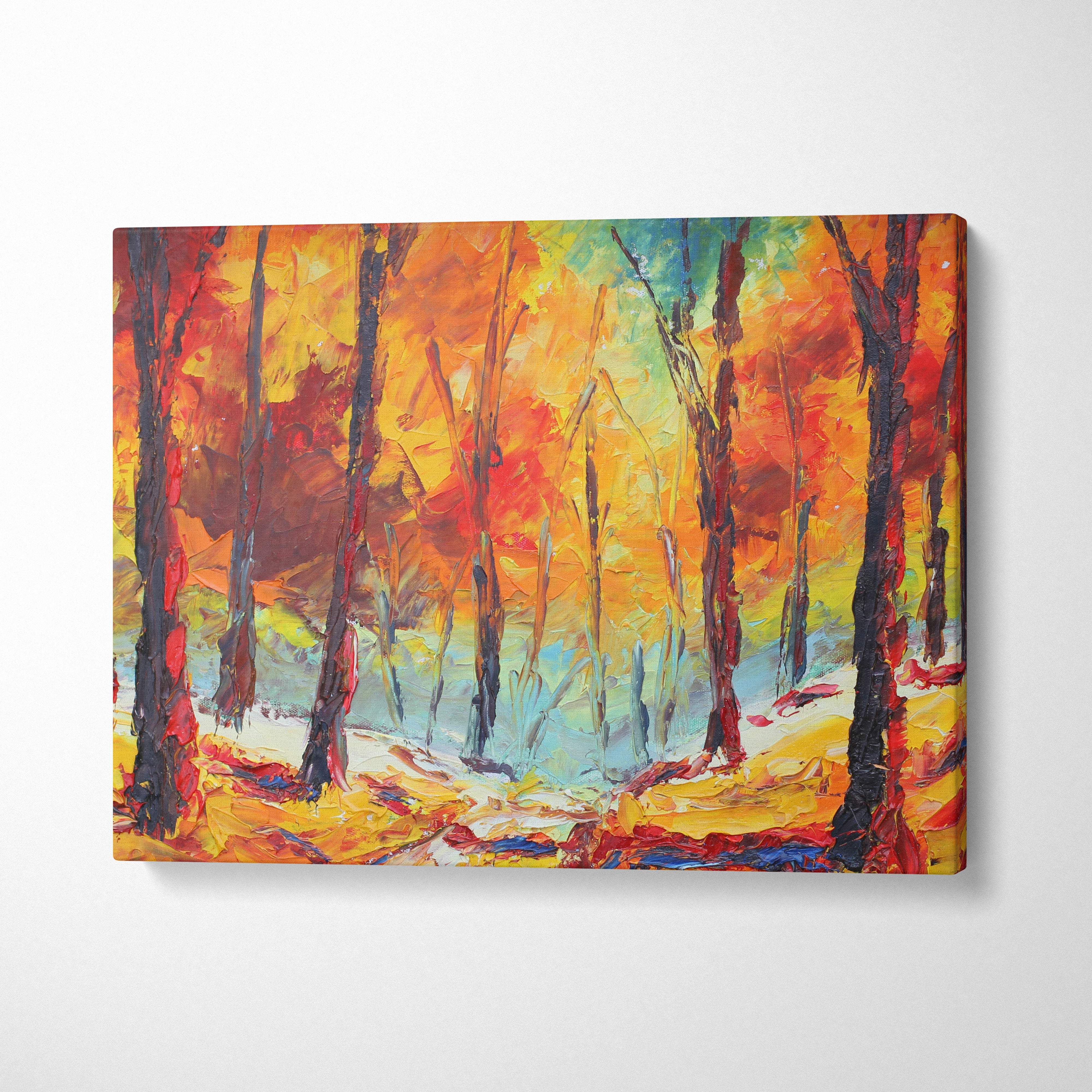 Vibrant autumn forest painting style wall art with bold textured trees in fiery red golden foliage on abstract canvas print