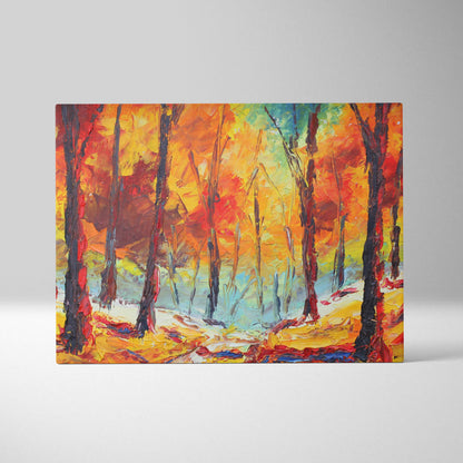 Vibrant autumn forest painting style wall art featuring bold textured trees with fiery red golden foliage on canvas