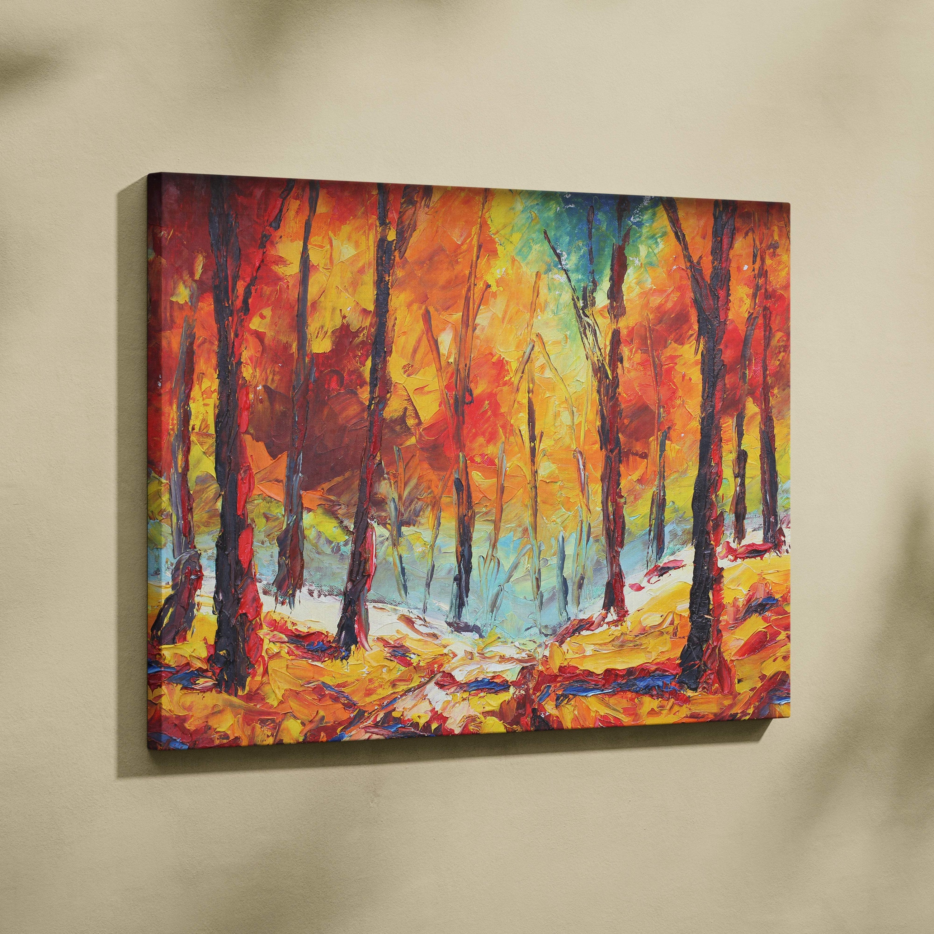 Vibrant autumn forest painting style wall art with bold textured trees in fiery red and golden foliage on canvas print