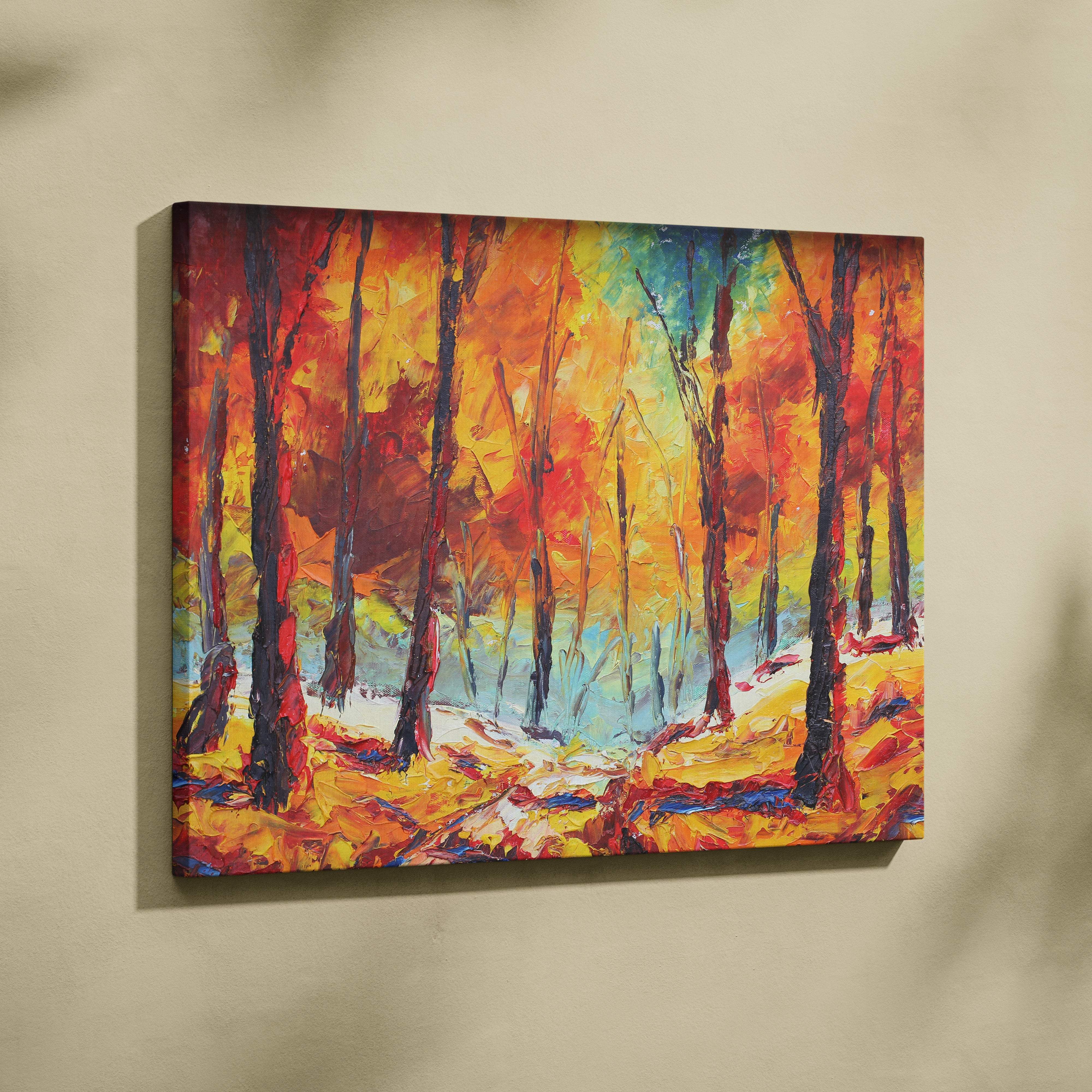 Vibrant autumn forest painting style wall art with bold textured trees in fiery red and golden foliage on canvas print