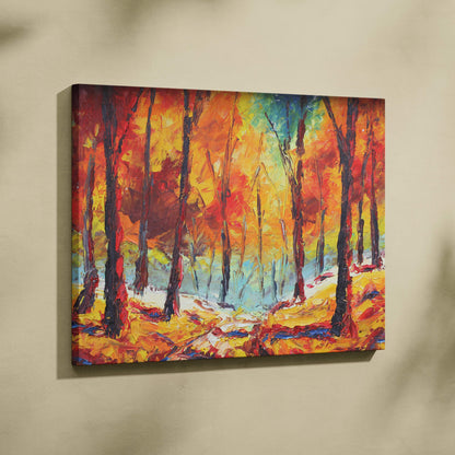Vibrant autumn forest painting style wall art with bold textured trees in fiery red and golden foliage on canvas print