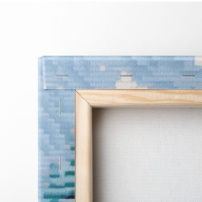 Light wood-framed canvas print with blue teal abstract watercolor border featuring snowy village pixel art design