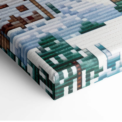 A pixelated minecraft-style canvas print of snow-covered trees and blocks in green blue white and brown for cozy cabin decor