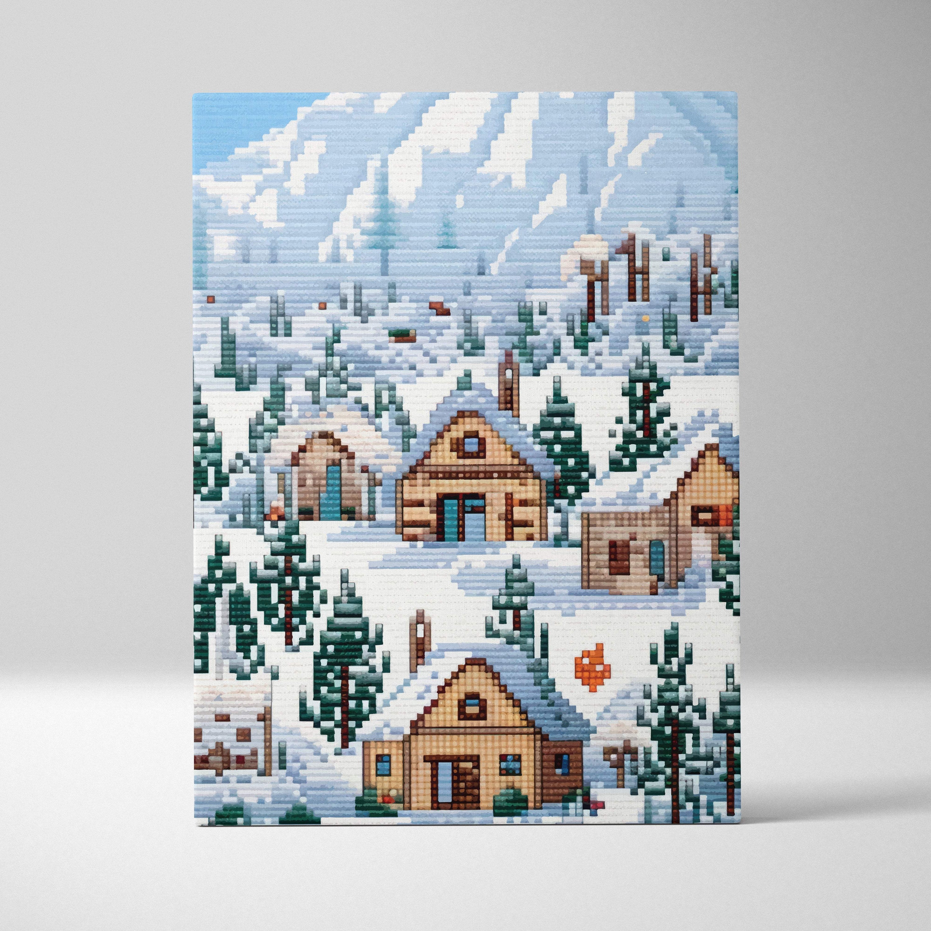 Snowy village pixel art canvas print with snow-covered wooden houses evergreen trees and blue winter mountain backdrop