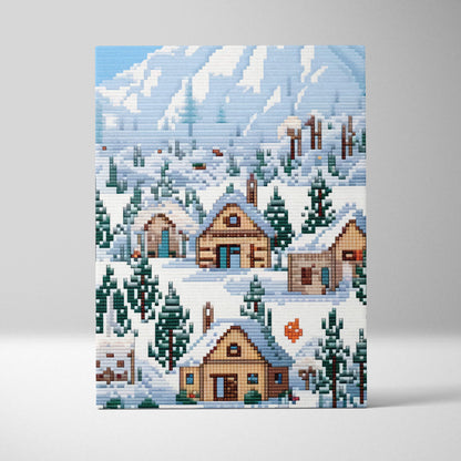 Snowy village pixel art canvas print with snow-covered wooden houses evergreen trees and blue winter mountain backdrop