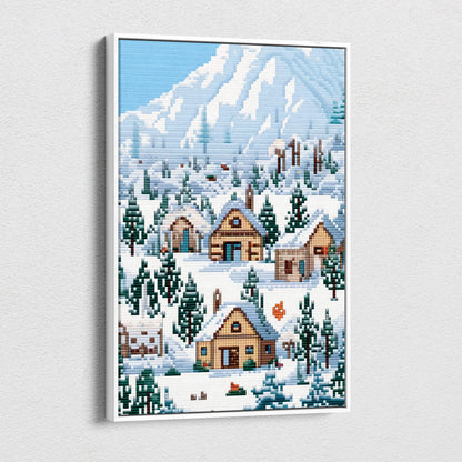 A framed pixel art canvas print of a snowy mountain village with wooden cabins and evergreen trees in blue tones