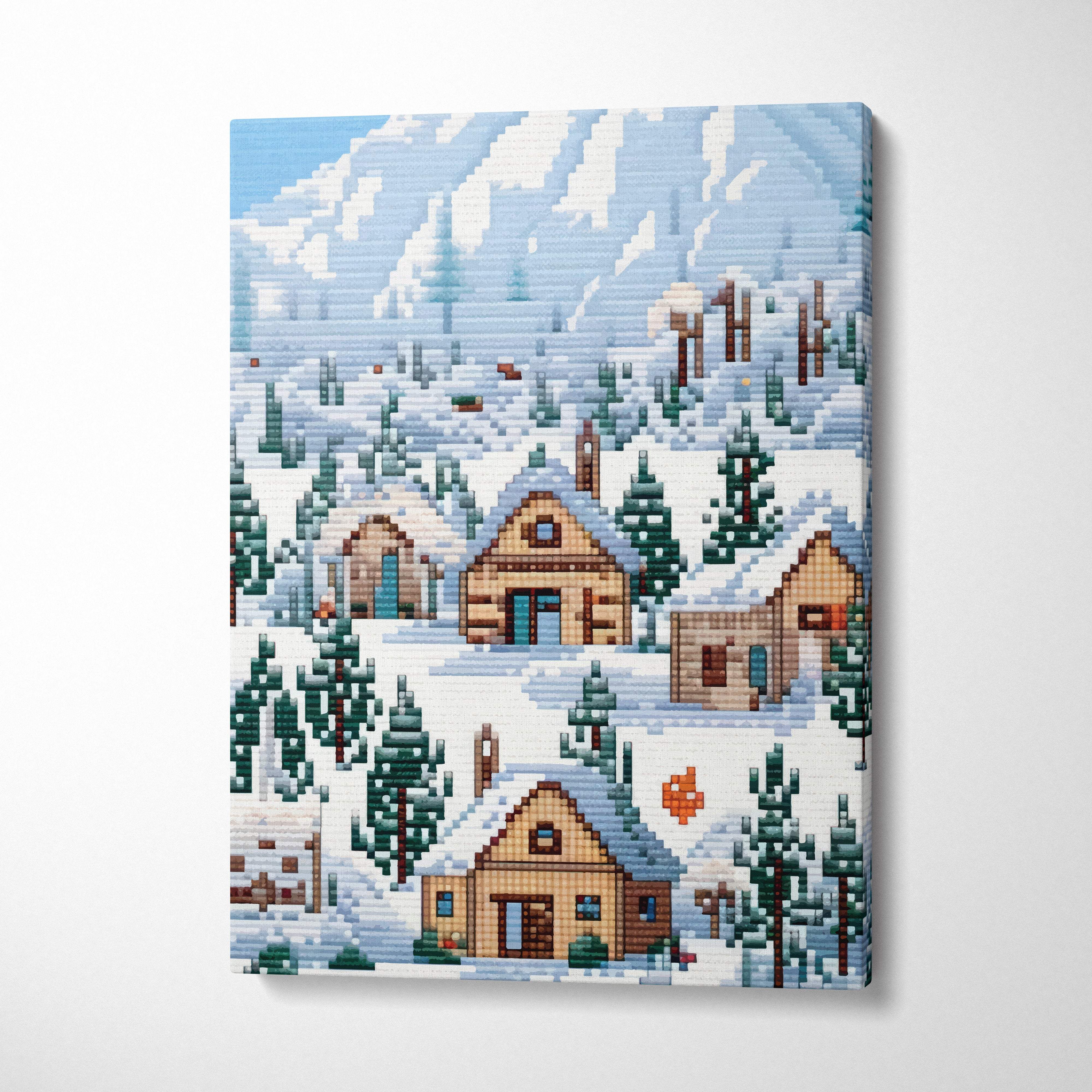 Snowy village pixel art canvas print featuring snow-covered wooden cabins with brown roofs and green pine trees