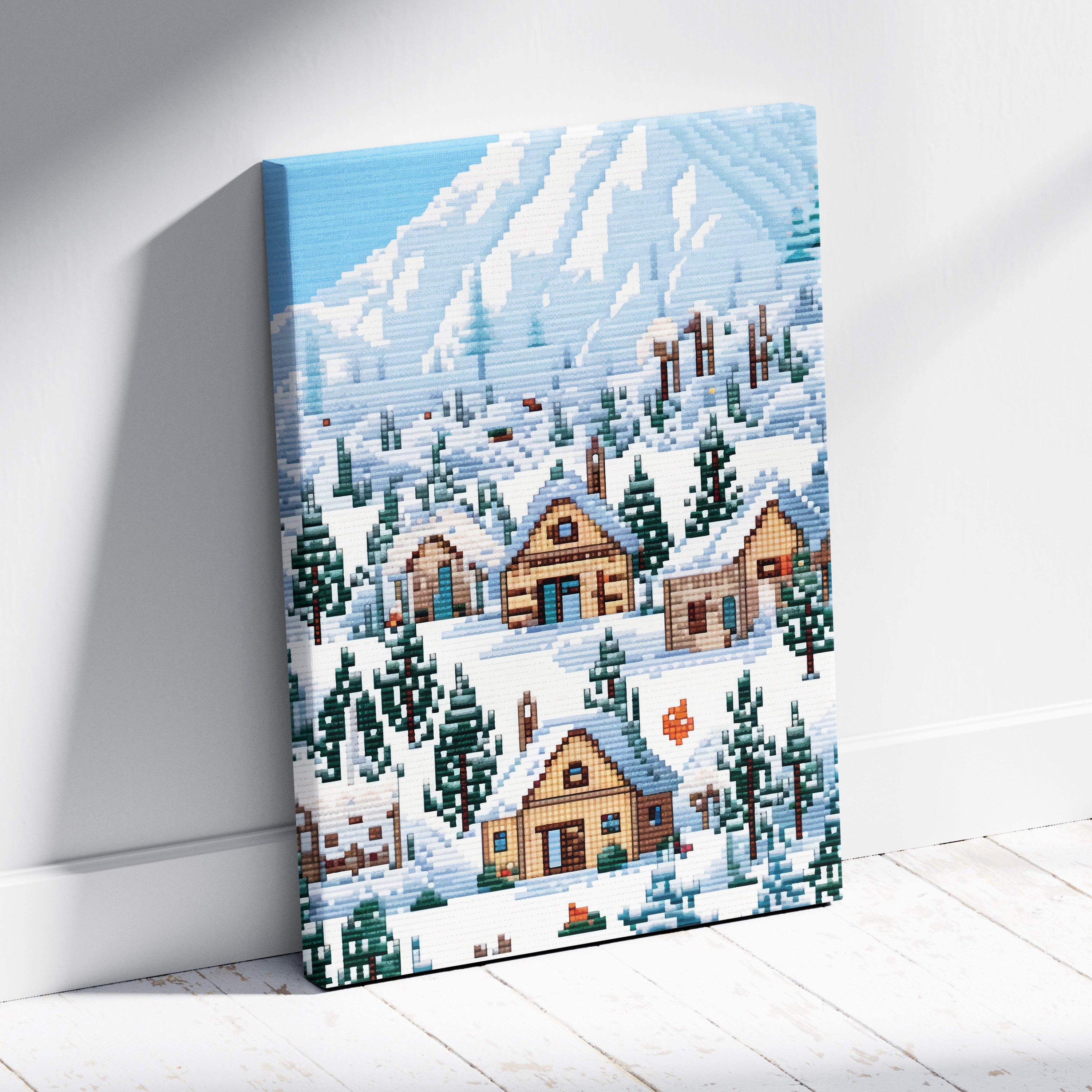 Snowy village pixel art canvas print of a blue winter mountain scene with wooden cabins and evergreen trees