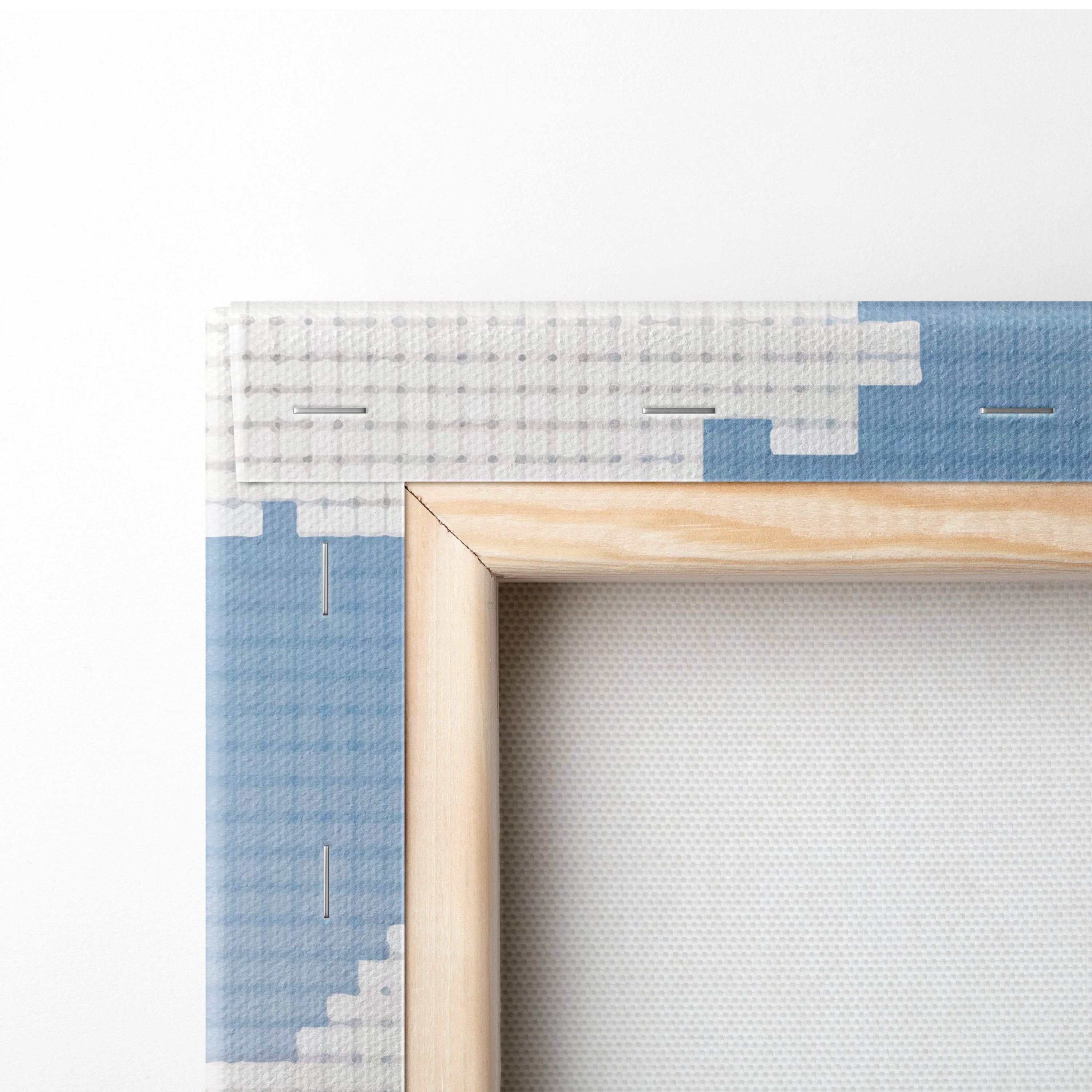 Light wood-framed canvas print with blue and white pixelated pattern from mountain lake pixel art decor collection