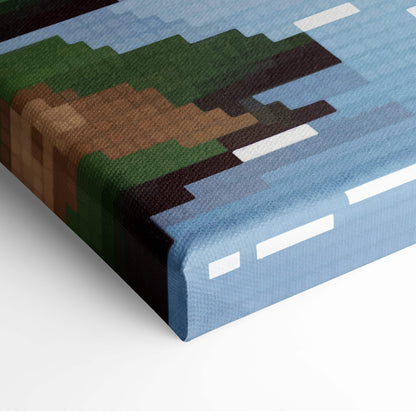 Mountain lake pixel art canvas print with blue road white stripes green brown terrain and textured fabric edges