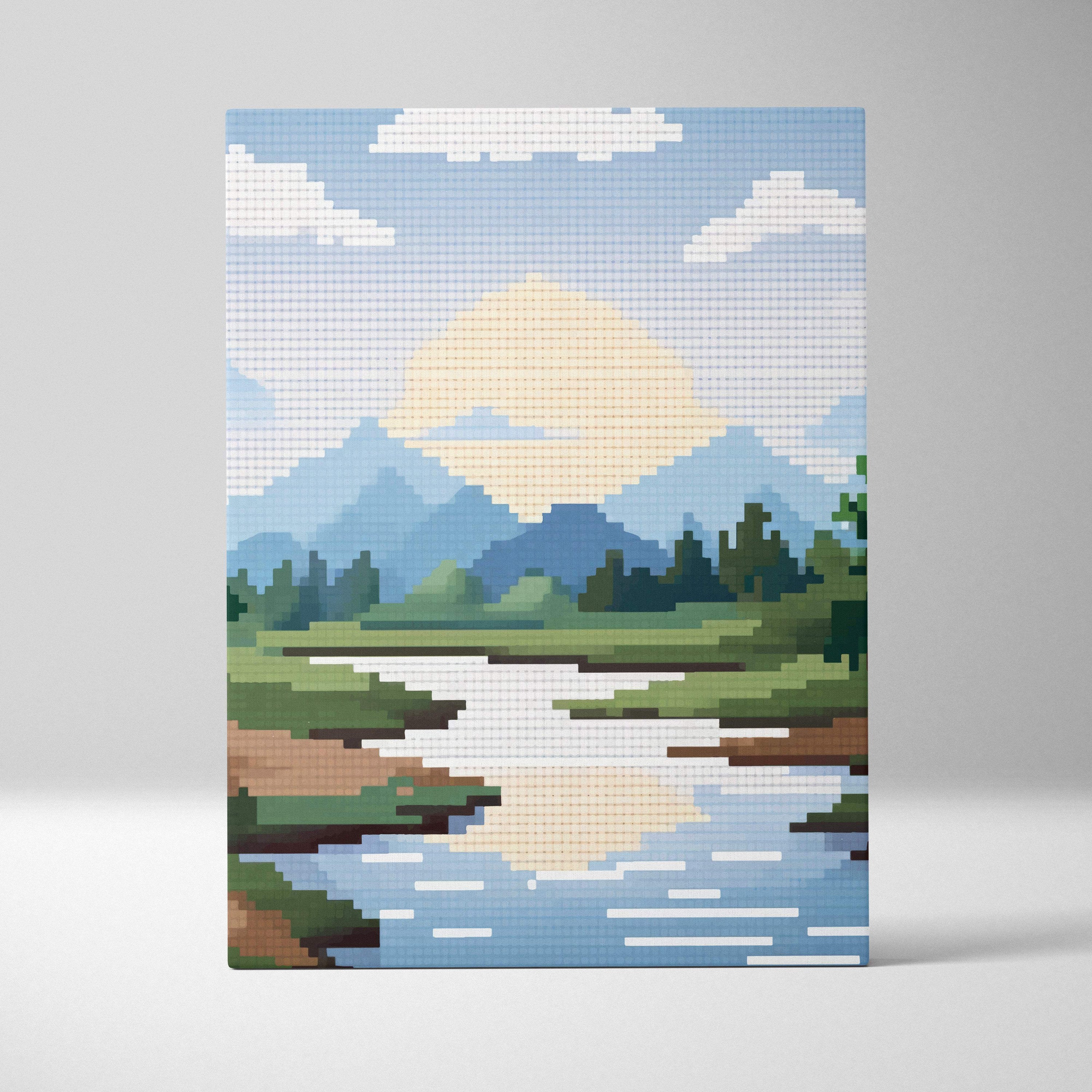 Mountain lake pixel art canvas print featuring a serene sunset over blue peaks green forests and reflective water tiles