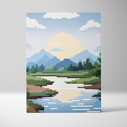 Mountain lake pixel art canvas print featuring a serene sunset over blue peaks green forests and reflective water tiles