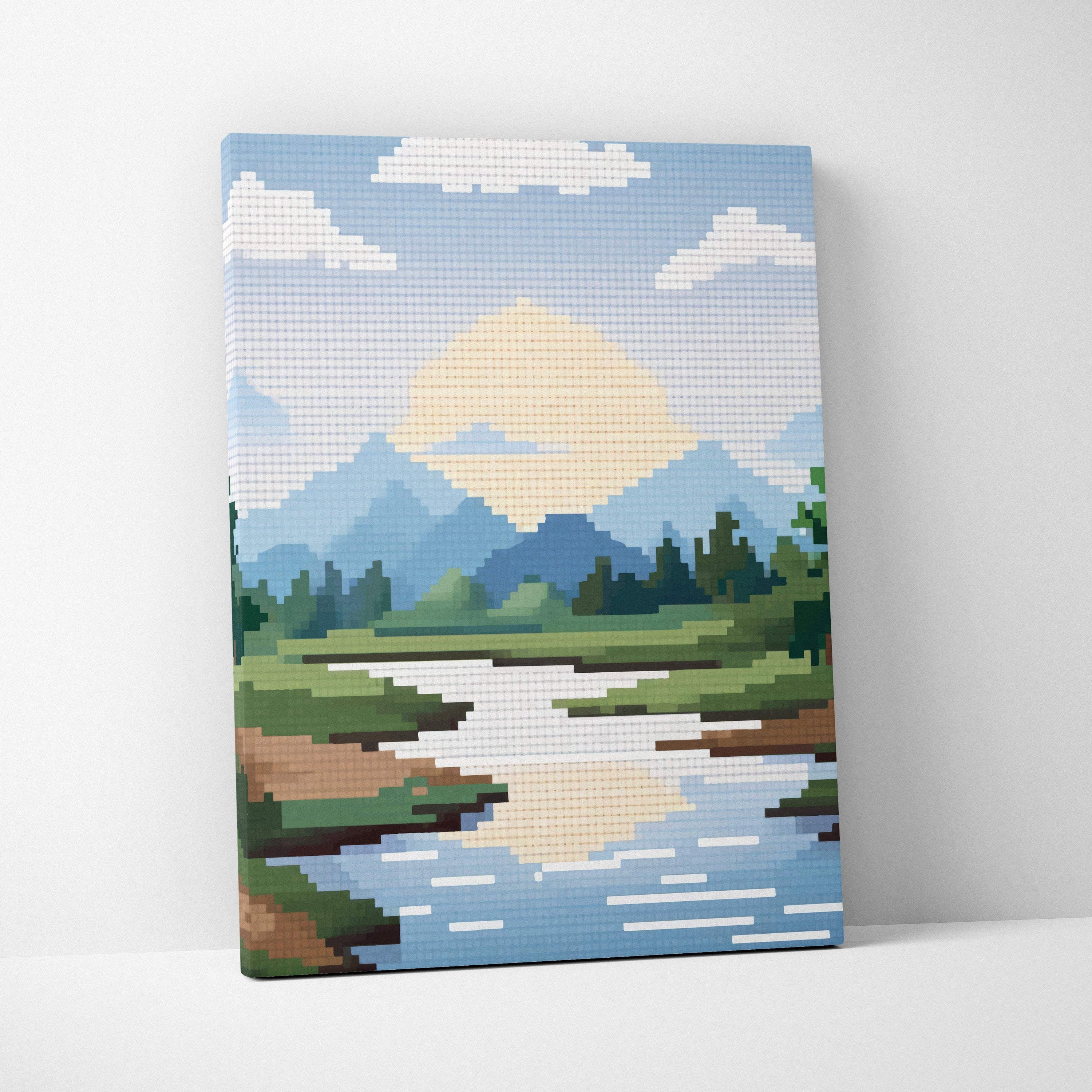 Pixel art canvas print of mountain lake with blue green nature, pixelated mountains, reflective river, and yellow sun for cabin decor