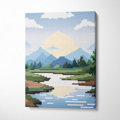 Mountain lake pixel art canvas print with serene pixelated mountain range river sky in soft blues greens and warm yellows