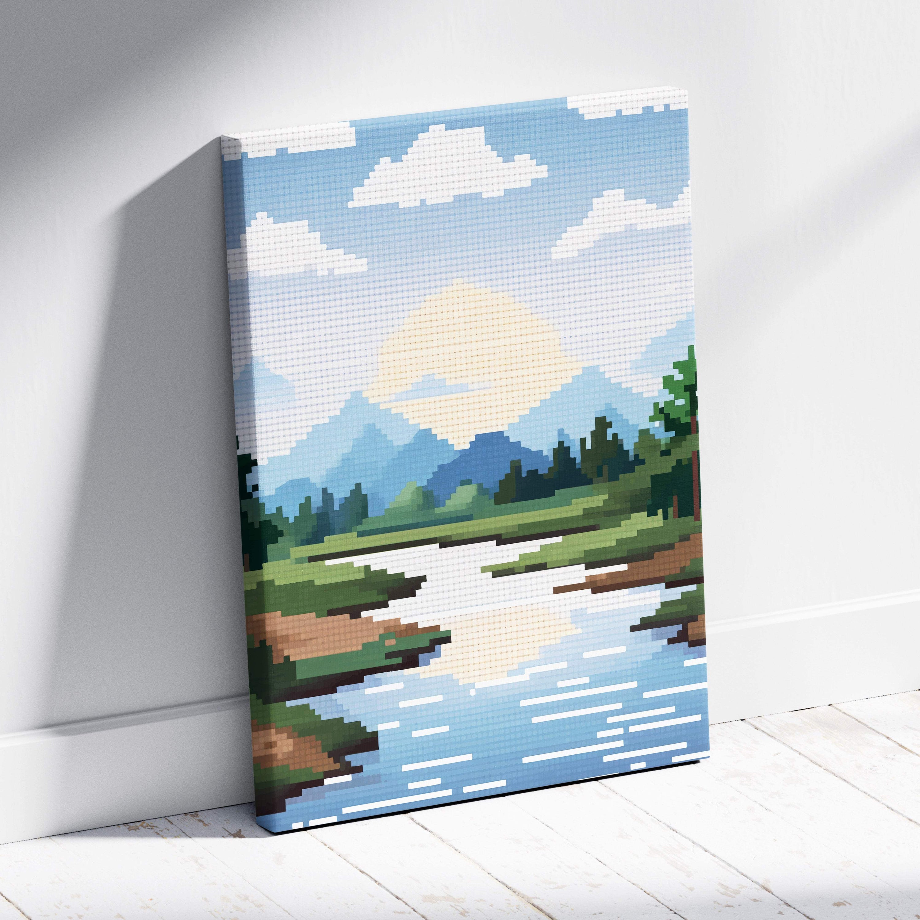 Pixelated canvas painting of a serene mountain landscape with blue skies white clouds and reflective river for wall art
