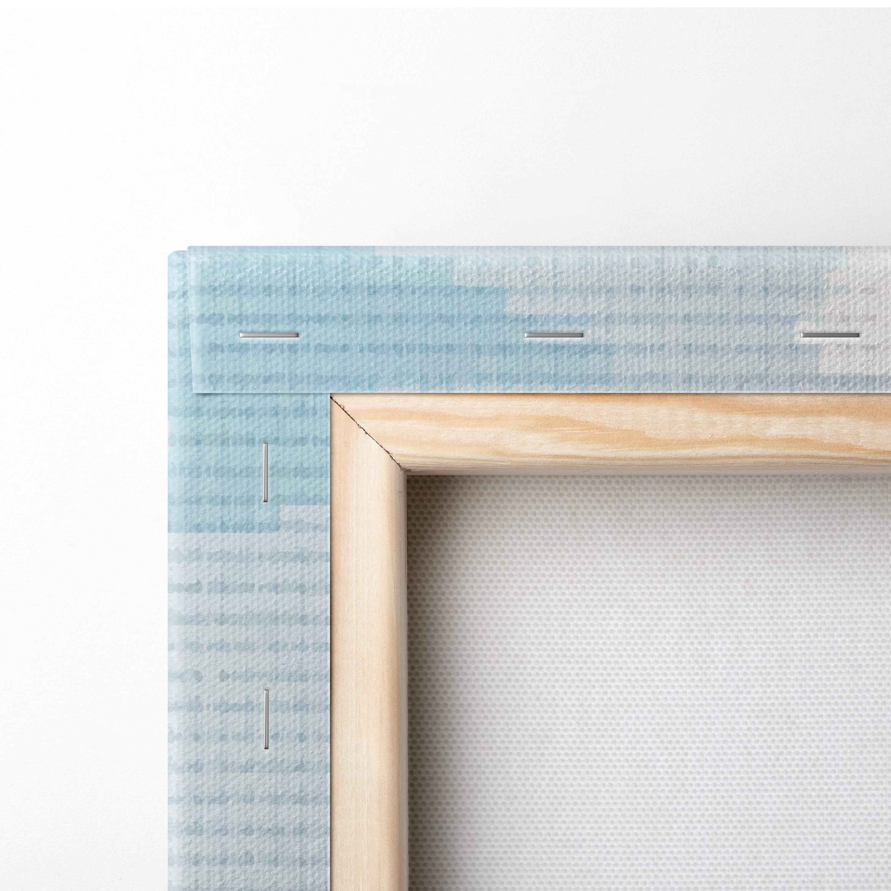 Mountain lake bridge pixel art canvas print with light blue textured fabric and natural wood frame for cabin decor