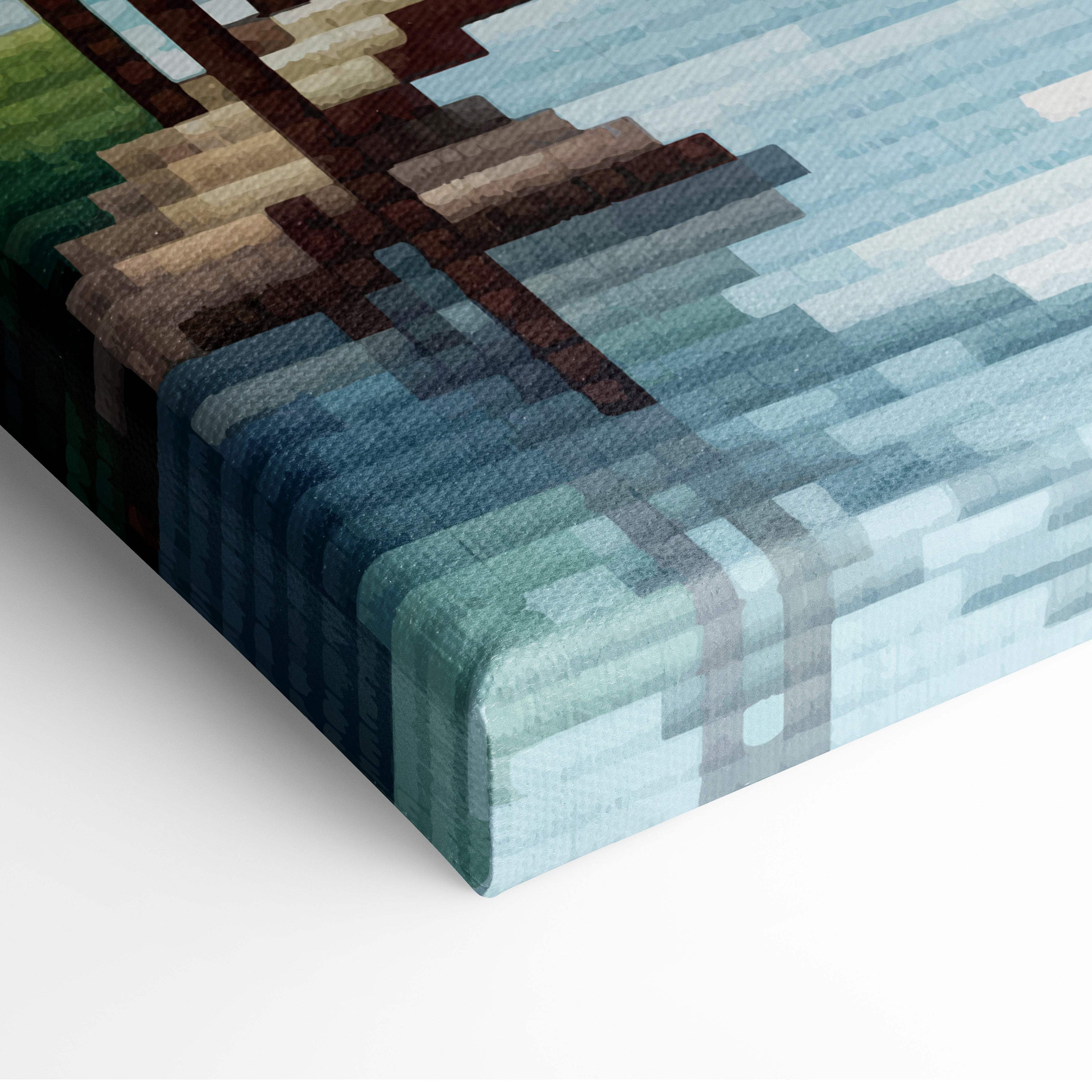A pixelated canvas print of a minecraft-style wooden bridge over teal water in blue green nature wall art style