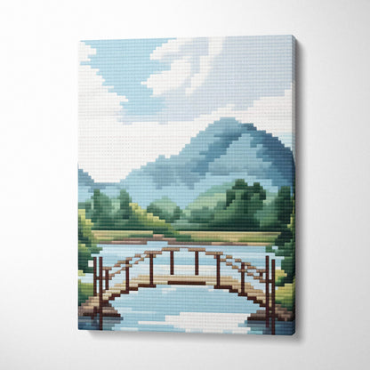 Mountain lake bridge pixel art canvas print with a wooden bridge over blue river and green hills for cabin decor