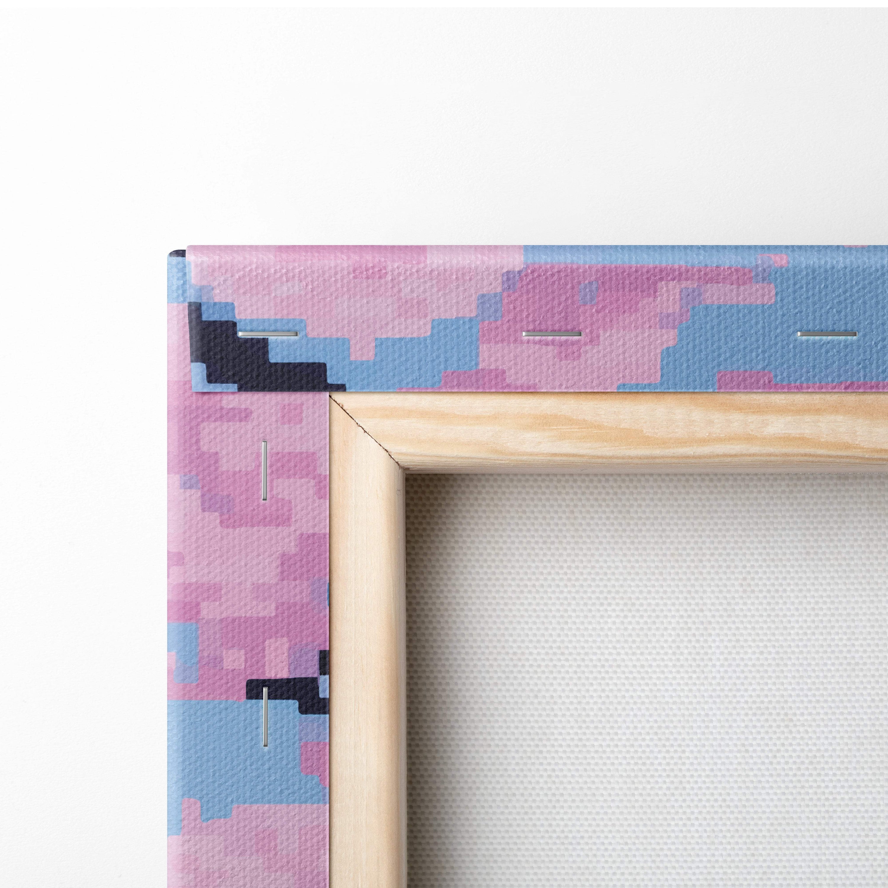 A wooden frame with pink and blue pixelated camouflage edges for Japanese cherry blossom pixel art canvas print