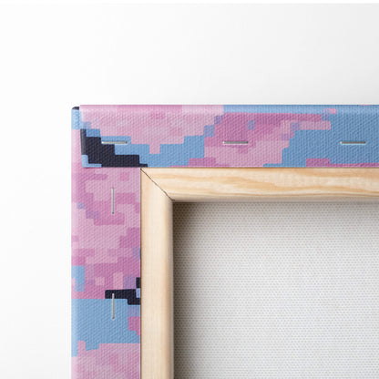 A wooden frame with pink and blue pixelated camouflage edges for Japanese cherry blossom pixel art canvas print