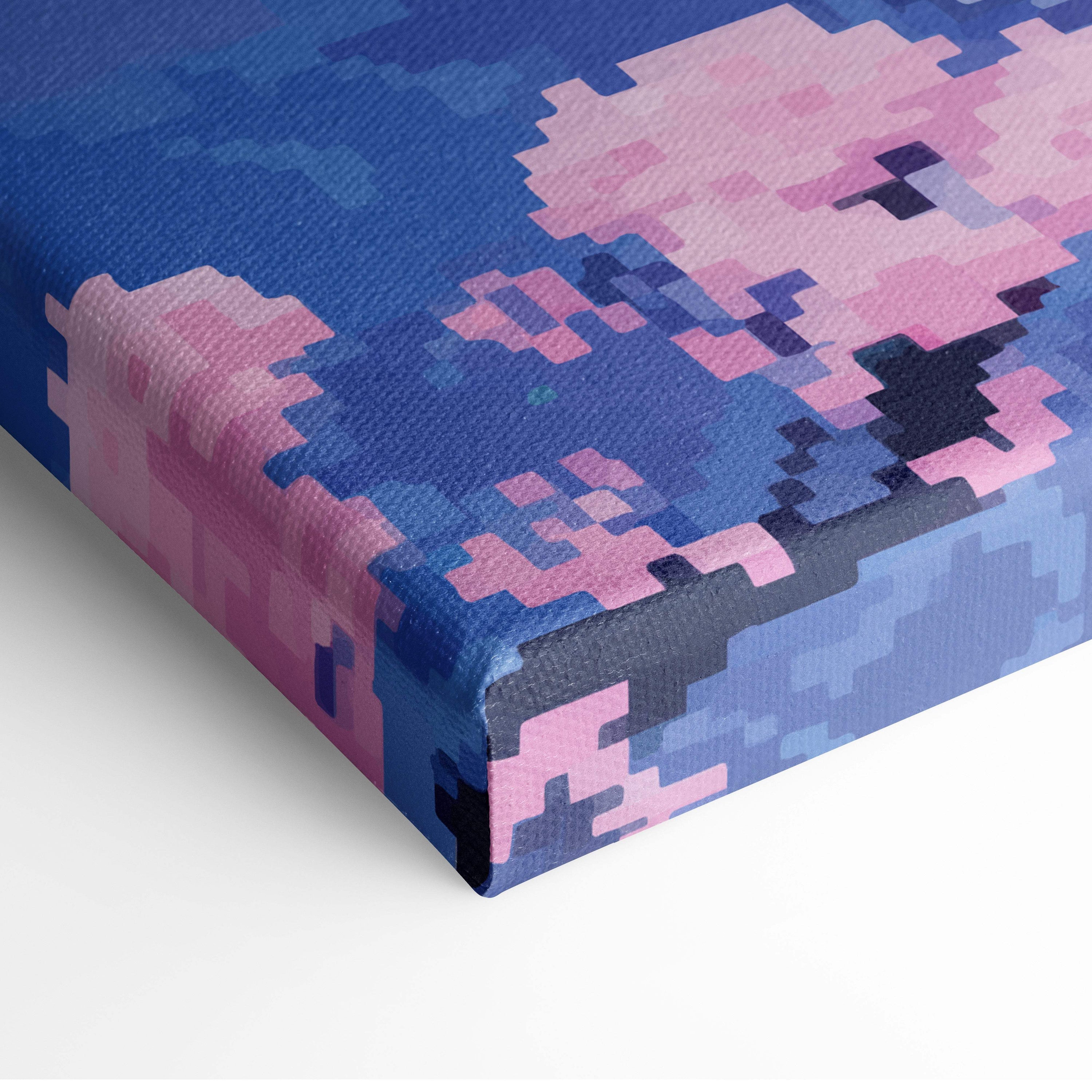 A pixelated canvas print featuring a stylized pink cherry blossom on a textured blue background for serene sakura decor