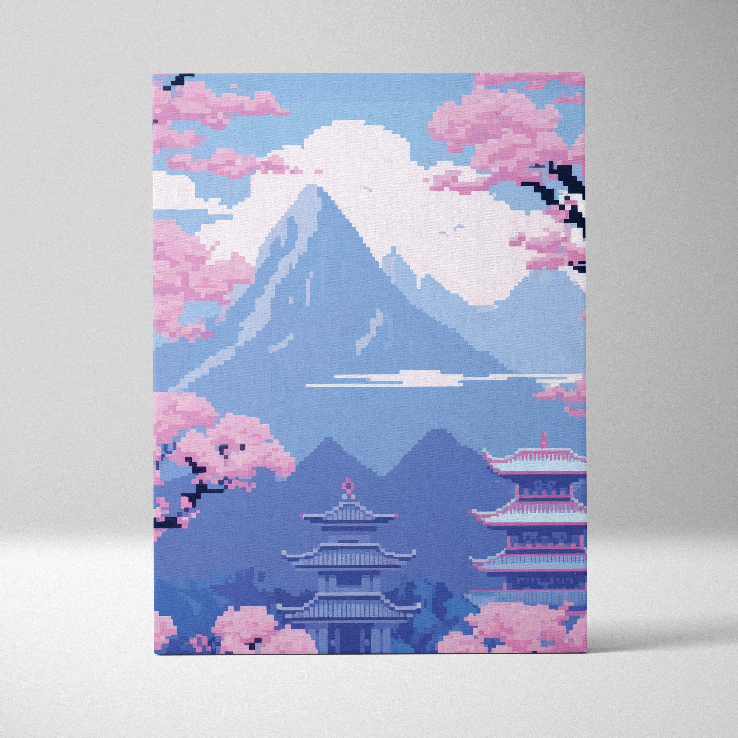 Japanese cherry blossom pixel art canvas print featuring serene blue mount fuji pagoda and pink sakura blossoms
