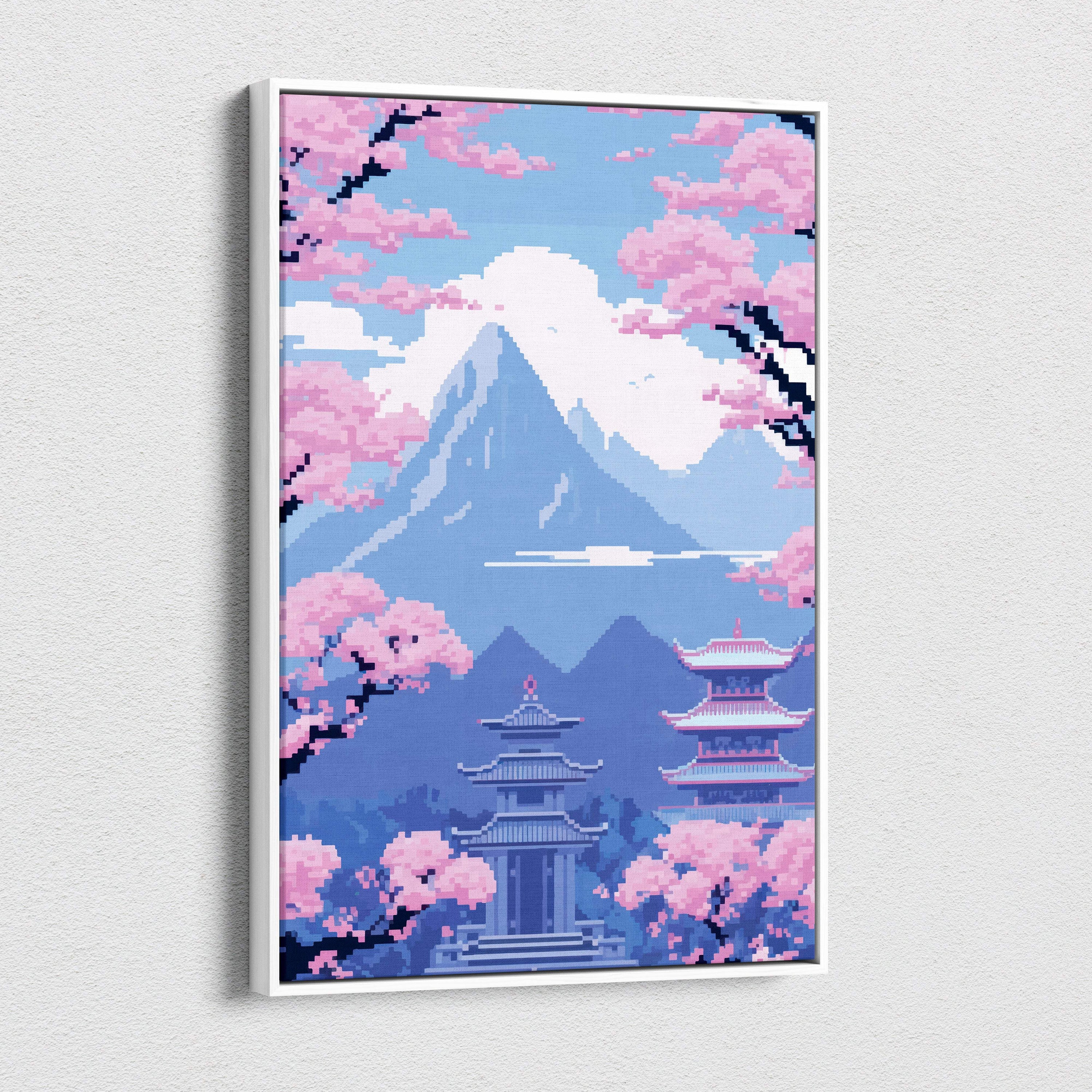 A framed pixel art canvas print featuring a serene mountain landscape with pink cherry blossoms and blue pagodas