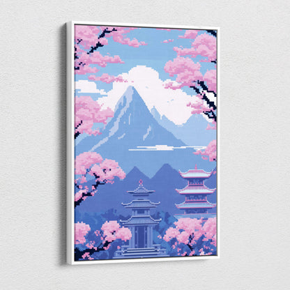A framed pixel art canvas print featuring a serene mountain landscape with pink cherry blossoms and blue pagodas