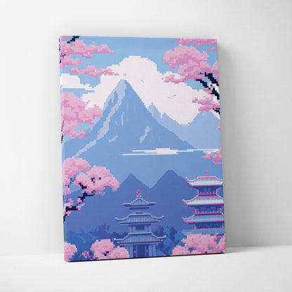 Japanese cherry blossom pixel art canvas print featuring serene blue mount fuji pagoda and pink sakura blossoms